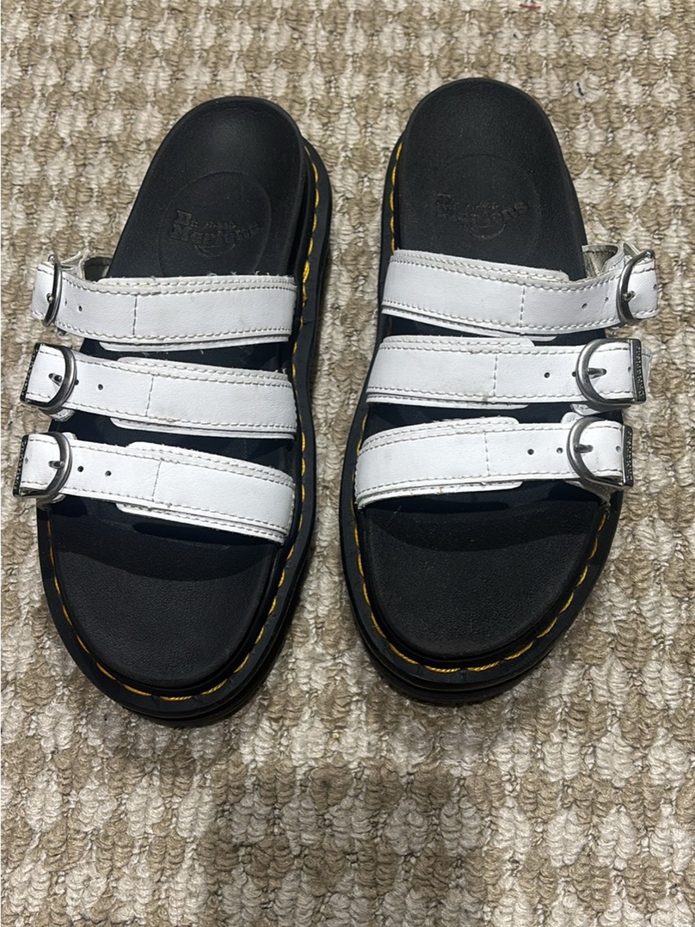 Dr. Martens White Triple-Strap Slide Sandals with Yellow Stitching